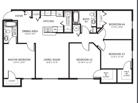 A black and white floor plan of a house with a foyer, kitchen, dining area, living room, and four bedrooms.